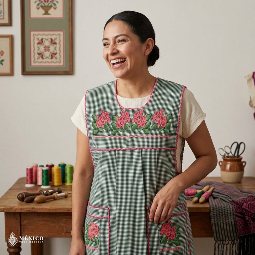 Traditional Mexican Cross-Stitch Embroidered Apron – Deluxe Artisan Smock Style